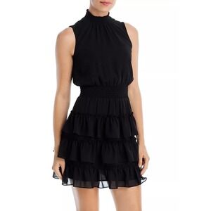 Halogen Black Sleeveless Mock Neck Tiered Ruffle Mini Dress,Size Medium, Smocked